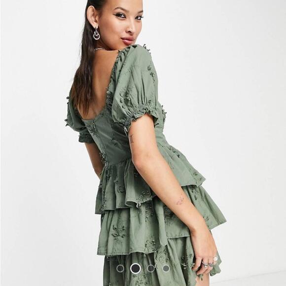 Altar’d State Olive Green Floral Embroidered Ruffle Corset Mini Dress Size Large - Picture 3 of 9